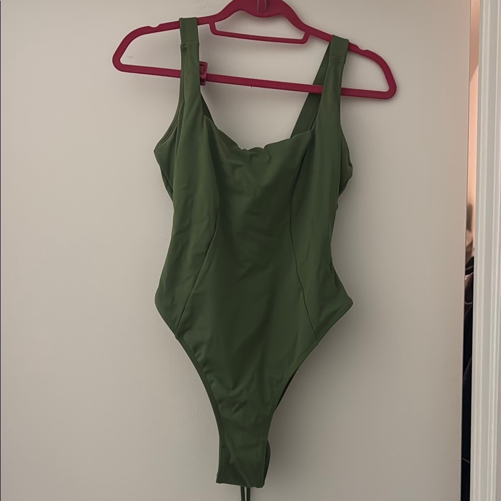 Green TA3 square neck, high cut leg one piece bathing suit